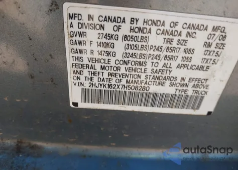 2007 Honda Ridgeline Rt from USA, damaged, VIN 2HJYK162X7H508280